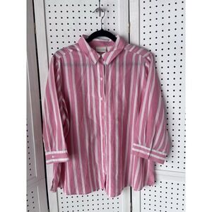 Chico's Women's 2 (Lg) Striped Button Down Silk Cotton Blouse Pink / White